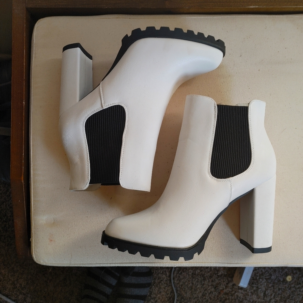 JustFab white lug sole high heel booties
